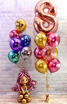 Композиция с куколкой с шарами хром с надписью, цифрой и шарами хром и с конфетти 