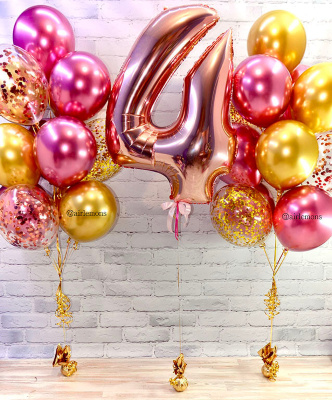 Двойная композиция с шарами хром и конфетти, в розово-золотом цвете, цифра 